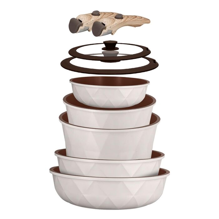 Набір посуду 9 предметів з антипригарним покриттям Diamant Beige: каструлі та сковорідки для всіх плит, включаючи індукційні. Без PFOA/PFAS