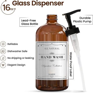 Набір дозаторів для мила з прозорого скла (2 шт.), 473 мл, коричнева скляна чаша, чорний пластиковий насос, для ванної та кухні