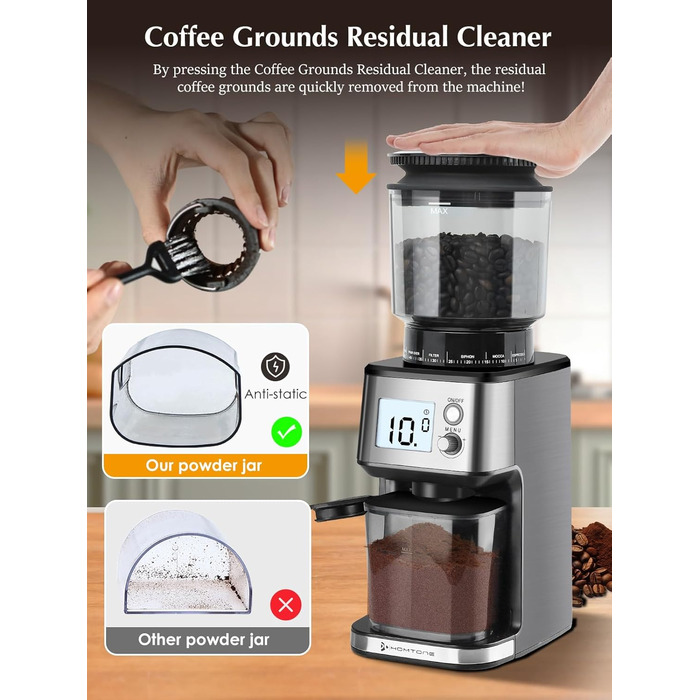 Електрична кавомолка Homtone для еспресо та френч-прес, 51 ступінь помолу, нержавіюча сталь, LCD-дисплей, 165W
