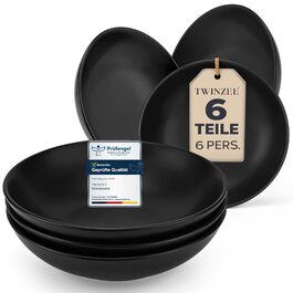 Набір керамічного посуду Twinzee Ebony Collection, матовий чорний, на 6 осіб, 24 предмети (глибокі тарілки, чашки), підходить для мікрохвильової печі