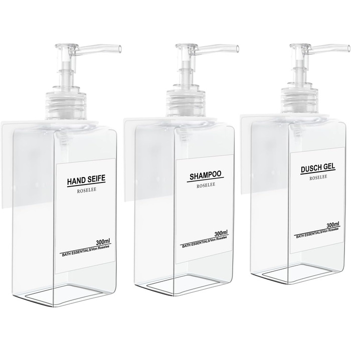Настінний диспенсер для мила Roselee (3 шт.) - 500 мл, для душу, шампуню, пінського ванни. Без свердління, з етикеткою, підходить для ванної кімнати та кухні (прозорий)