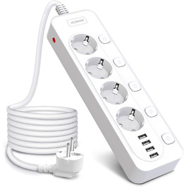 Мережевий фільтр перенапруги HUNIAN з 4 розетками та 4 USB, 4000W/16A, індивідуальне вмикання, захист від дітей, 2 м кабелю