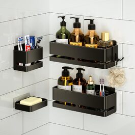 Набір полиць для ванної кімнати (5 шт.) з мильничкою та тримачем для зубних щіток, без свердління, для ванної та кухні (Сірий/Чорний)