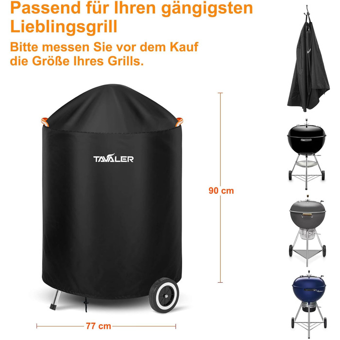 Weatherproof Tavaler BBQ Cover, 420D Oxford Fabric Grill Cover for Weber Kettle Grill 57 cm, Charcoal Grill Cover Hood Grill Waterproof, Tear-Resistant, UV Grill Cover (77 x 90 cm)