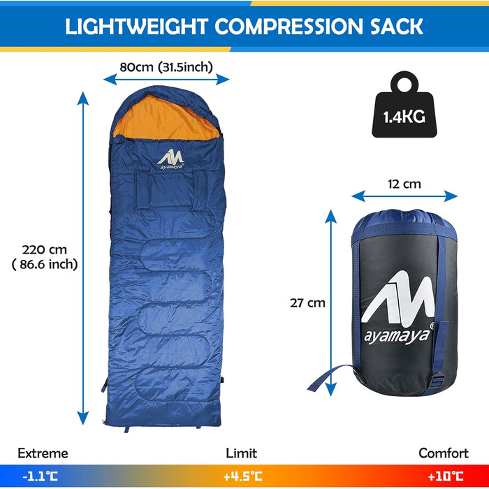 Спальний мішок Outdoor Deckenschlafsack Koppelbar, 5-15°C, 220x80 см, для дорослих, для кемпінгу, трекінгу, риболовлі та подорожей, водонепроникний, ліва блискавка