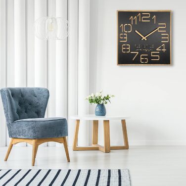 FLEXISTYLE Wall Clock Large Wood-Look Wood Digits ECO, Square Silent, Living Room, Bedroom, Made in EU (Black, 60 cm)