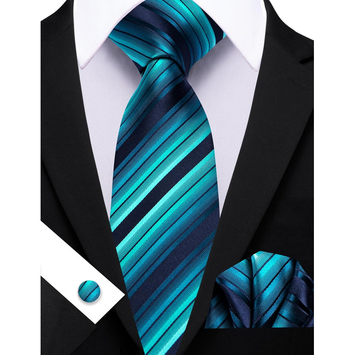 Комплект краваток Barry.Wang: краватка, кишеньковий хустинка, запонки (синьо-зелена смужка)