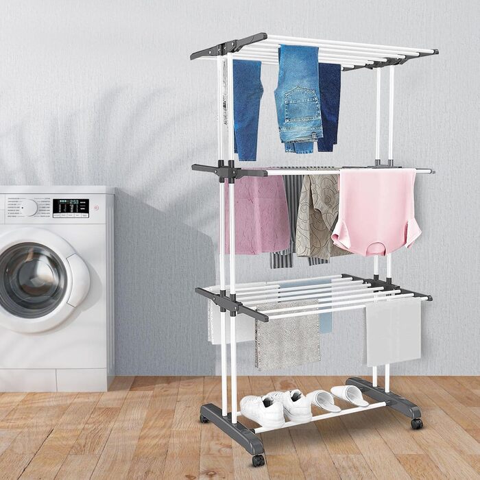 Воніа - сушилка для білизни на колесах, металева, 3 яруси, 6 відкидних крил, 72 x 50 x 172 см, для дому та вулиці