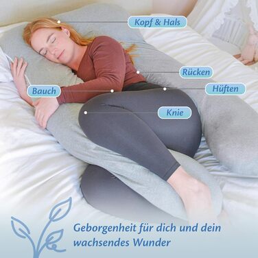 Вагітне подушка Ella, U-подібна подушка для сну на боці, U-подушка, подушка для годування з бавовняним чохлом, подушка для тіла та підтримки для жінок, для сну на боці - 140 x 80 см, сіра U, бавовна
