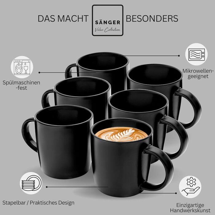 Набір кавових чашок Sänger Madeira 6 шт, кераміка, чорний матовий, 350 мл, для кави та чаю, мікрохвильова піч та посудомийна машина