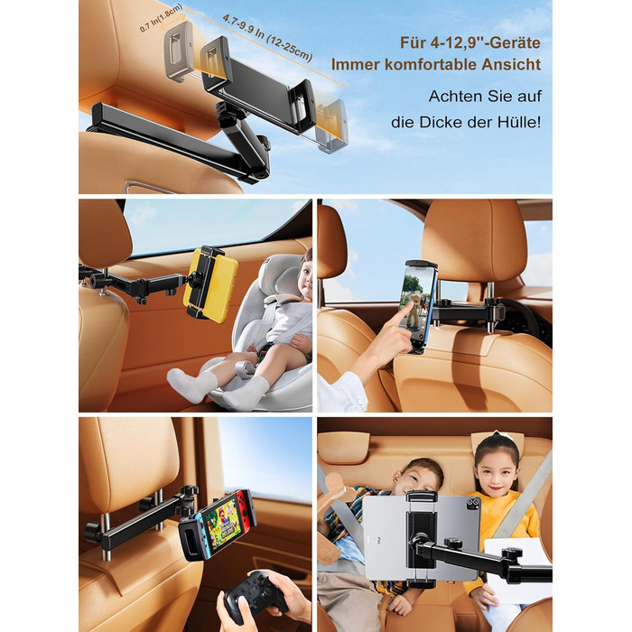 Тримач для планшета в авто: універсальний, висувний, для iPad, iPhone, Samsung, Switch, Kindle, 4-13 дюймів, з гачками, чорний