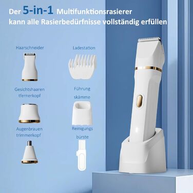 Електричний жіночий тример Jianyana 5-в-1 для тіла та обличчя, водонепроникний IPX7, для ніг, обличчя, пахв, носа та брів. Змінні насадки.