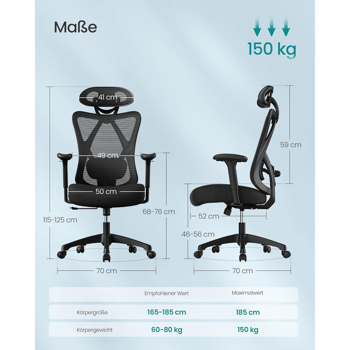 Крісло офісне SONGMICS, комп'ютерне, сітчасте, регульована поперекова підтримка та підголовник, вантажопідйомність 150 кг, регульована висота, чорний, OBN063B01