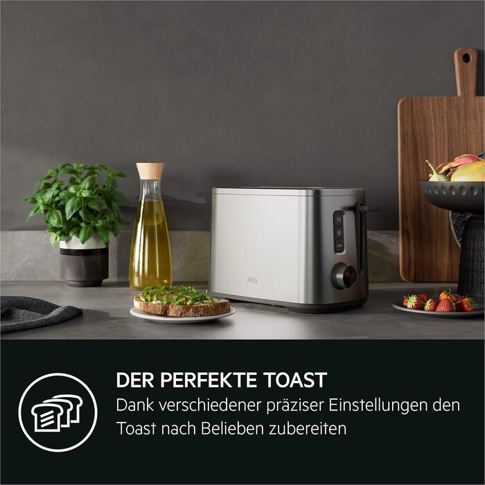 Тостер AEG T5-1-4ST Deli 5 з 7 режимами, таймером, функціями стоп, розморожування, підігріву, автоматичним центруванням, корпусом Cool-Touch, широкими слотами, піддоном для крихт, нержавіюча сталь