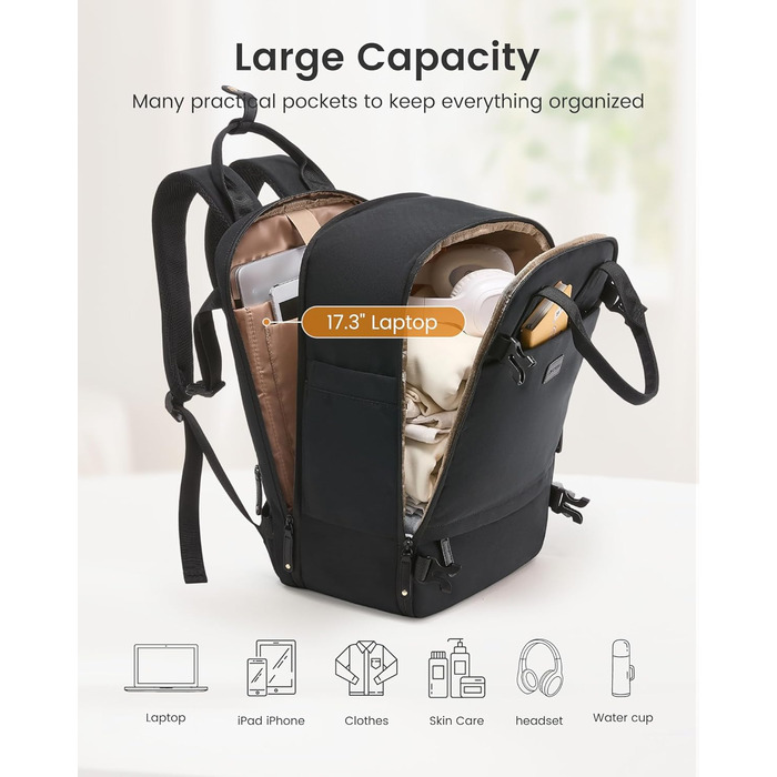 LOVEVOOK Рюкзак для ручної поклажі, жіночий, 15.6-17.3 дюйми, чорний. Водонепроникний рюкзак для подорожей, бізнесу, відпочинку. Carry-on, Cabin Luggage.