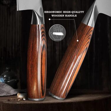 Ніж кухарський Дамаск Шарф: професійний ніж для м'яса з дамаської сталі, ручна робота, з антиковзним дерев'яним руків'ям, у подарунковій коробці