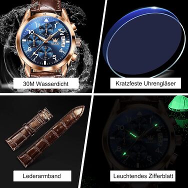 Годинник чоловічий OLEVS Vintage з шкіряним ремінцем, великий циферблат, водонепроникні, аналогові годинники з датою (2878, блакитний циферблат/коричневий ремінець)