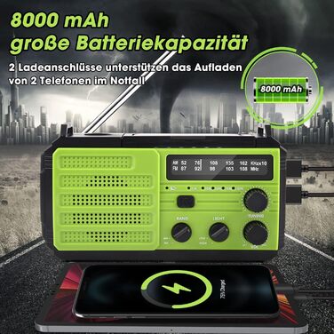 Сонячне радіо Kurbelradio 8000mAh з ручним генератором, AM/FM, LED ліхтарик, SOS, компас, IPX3, для кемпінгу та відпочинку на природі (зелене)