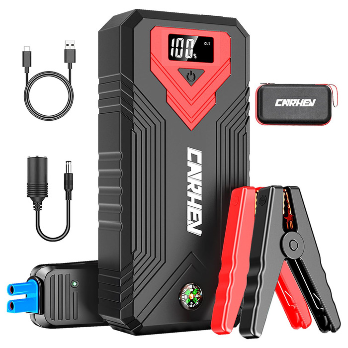 CARHEV Пускозарядний пристрій (Powerbank) для авто 3000A з LCD-дисплеєм, для бенз./диз. до 8L, USB швидка зарядка, LED ліхтарик