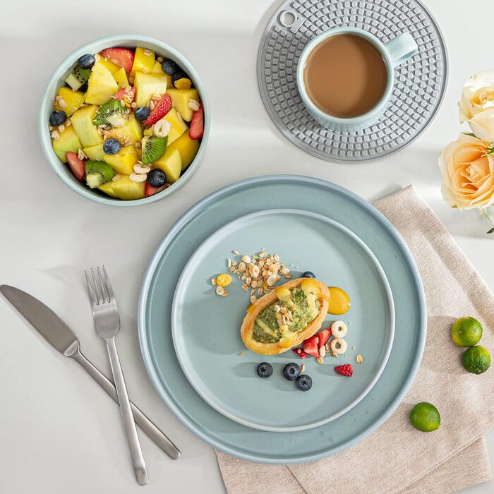 Набір посуду Vancasso SESAM Serie з каменю, 16 предметів, для 4-12 осіб. Тарілки, миски, чашки, скандинавський дизайн, темно-сірий, сірий, блакитний, зелений