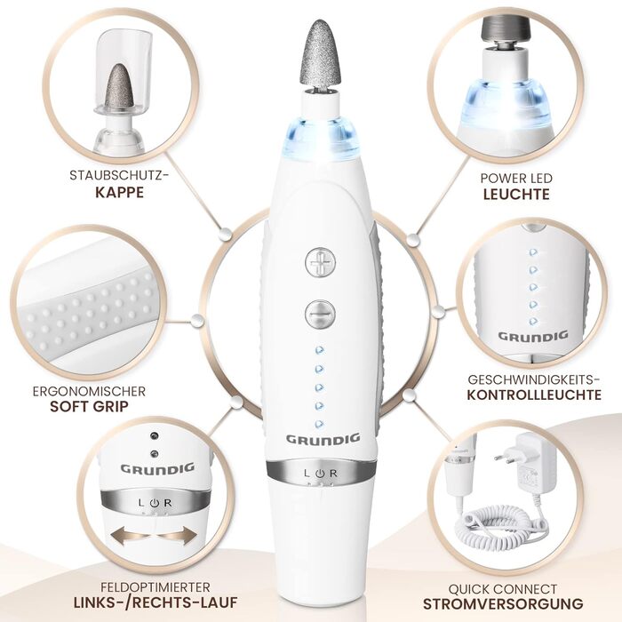 Набір для манікюру та педикюру Grundig електричний - 17 предметів, сапфірове насадки, LED-підсвічування, можливість повторного замовлення, електрична пилка для нігтів