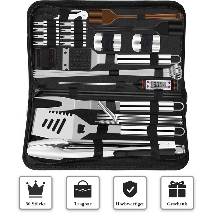 Набір для барбекю Grilliance з нержавіючої сталі: 30 аксесуарів для гриля, щипці, лопатка, відкривачка, кейс, килимок. Чудовий подарунок для чоловіків, для саду, кемпінгу.