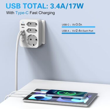 Мережевий адаптер з USB, 4 USB порти (2xA + C), 3.4A, LED, вимикач, компактний для дому та подорожей