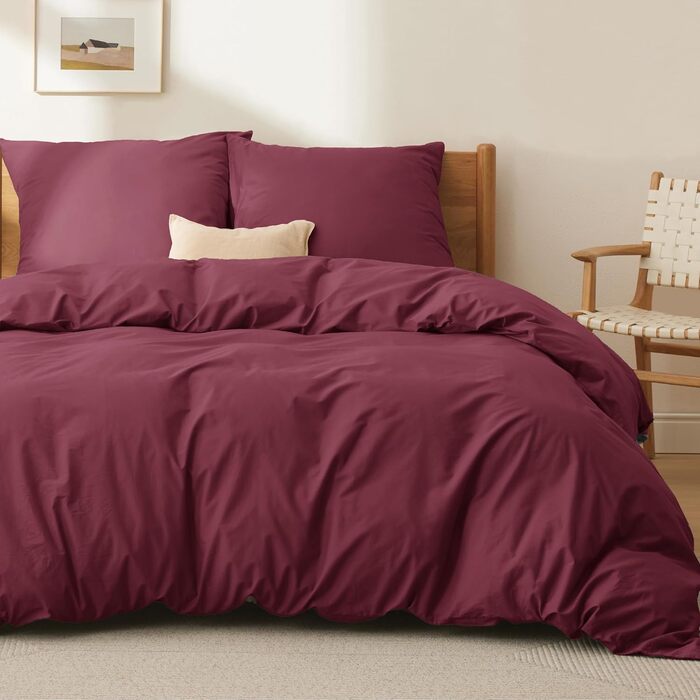 Комплект постільної білизни BEDSURE 135x200 з бавовни 4-х частинний - сірий колір, комплект з 2 наволочок 80x80 см, Oeko-TEX сертифікація, застібка на блискавку (200 x 200 см, бордовий колір)