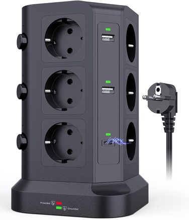 Стедова вежа KOOSLA з 12 розетками та захистом від перенапруги (4000W/16A), з індивідуальним вимикачем та 6 USB портами (20W USB-C), для офісу, кухні, столу (чорний, 2м)
