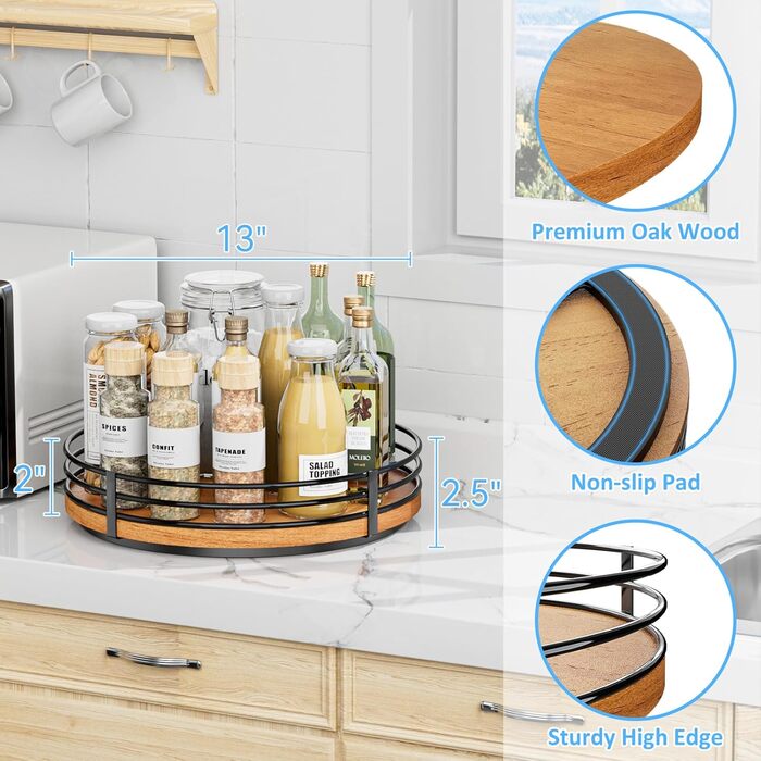 Wooden Lazy Susan Turntable Organizer, round, for cabinet, kitchen, countertop, pantry, dining table, bathroom, cafe, bar, spice storage, home decor