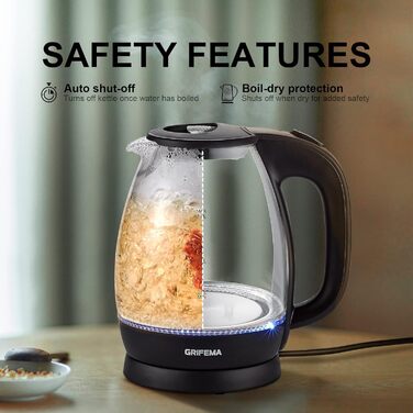 Електричний чайник GRIFEMA 0.8L, 1100W з фільтром від накипу, без BPA, автоматичне вимкнення, захист від перегріву, білий (скло 1.7L)