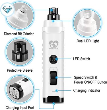 Електричний точило для собачих кігтів Casfuy з LED-підсвіткою, 4.8V, 2 швидкості, для середніх собак