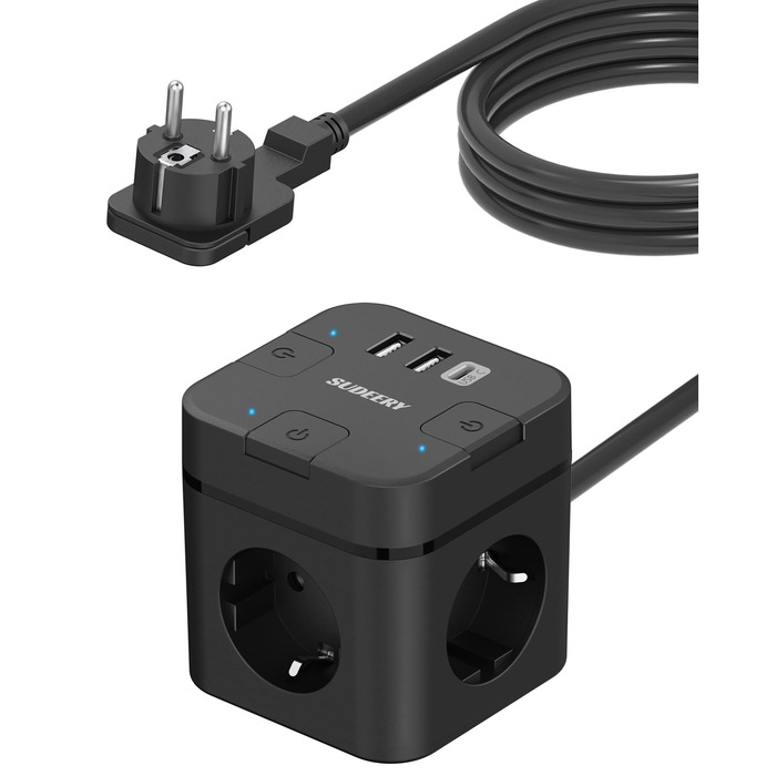 Багатофункціональний розподільник розеток 6 в 1 з USB-C, 3 розетки, індивідуальне вмикання, плоский штекер, кабель, 1 USB-C, для офісу, дому, подорожей (2м, чорний)