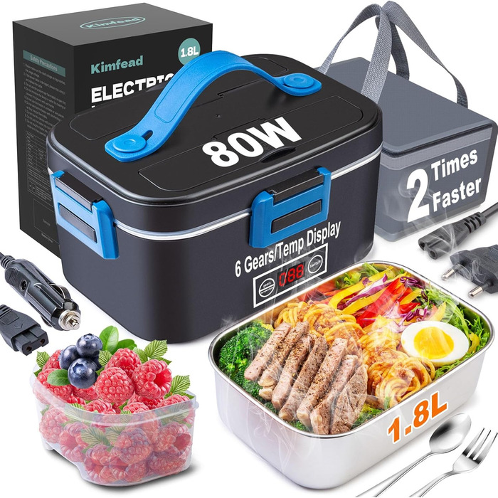 Електрична ланч-бокс Kimfead з індикатором температури, 1.8L, 80W, 12V/24V/230V, з сумкою та столовим прибором, для авто/вантажівки/офісу (синій індикатор температури)