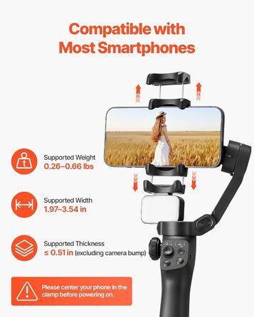 Стабілізатор Gimbal для смартфона VEVOR, 3-осьова стабілізація, трекінг облич/об'єктів, штатив, портативний та складаний, для відеозйомки, DC 3.5–4.2V (вбудована світлодіодна лампа, керування через додаток)