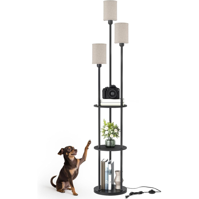 Стельова лампа для вітальні з поличкою, 3-хламкова лампа на ніжці з полицею Vintage, Бохо підлогова лампа з дерева з вимикачем на ніжці, патрон E27, ретро-дизайн, рустикальний коричнево-бежевий колір ZEF53LDD05 (Бежевий, Чорний)