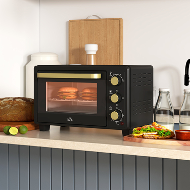 HOMCOM 16L Mini Oven 1400W Mini Oven 100-230℃ 60 Min. Timer, with Grill Rack and Baking Tray, Pizza Oven with Tray Handle, Crumb Tray Black | Aosom