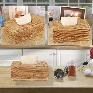 BSTKEY Rectangular Rattan Woven Paper Cover, Decorative Tissue Holder, Napkin Dispenser, Organizer, Face Towel Box for Home and Office