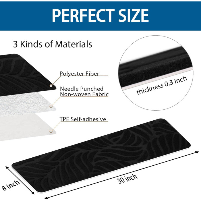 Anti-Slip Stair Treads for Wood Stairs - Felt Self-Adhesive Carpet Treads - 15 Pack, 76x20cm - Black Banana Leaf Design