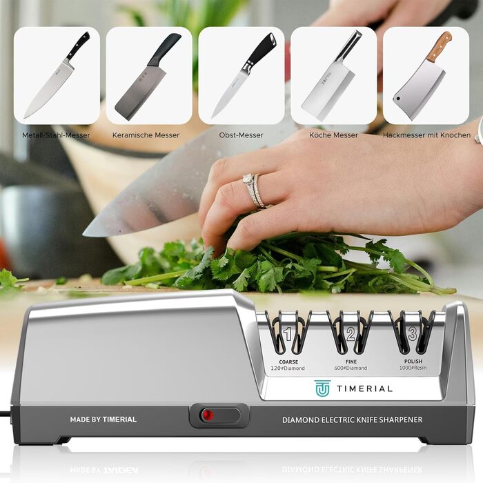 Електричний точило для ножів TIMERIAL з алмазними дисками 3-х ступенів, 15° кут, для сталевих кухонних ножів, 120/600/1000 grit