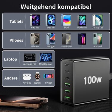 Багатопортовий зарядний пристрій HSSNS USB-C: 100W, 6 портів, швидка зарядка, USB-C та USB-A, для iPad, iPhone та смартфонів, чорний
