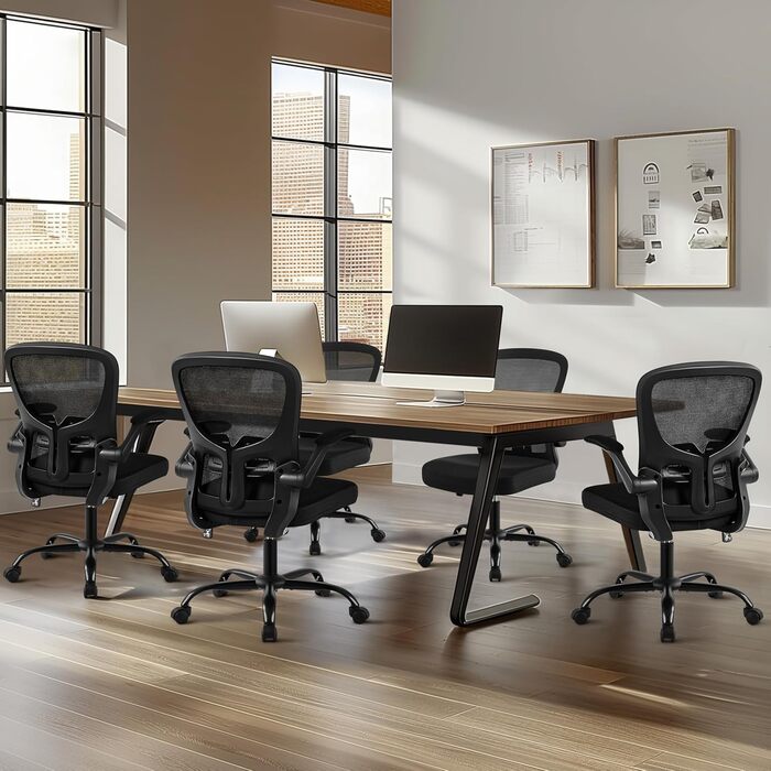 Офісне крісло Yaheetech з підйомними підлокітниками, регульованою підтримкою попереку, сітчасте крісло, ергономічне, з функцією гойдання, регульоване по висоті, чорне