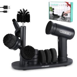 Електрична щітка для прибирання HAUSHOF з акумулятором, підставка, LCD дисплей, 3 швидкості, скрубер з 7 насадками та точилка для ножів, для ванної, кухні, плитки