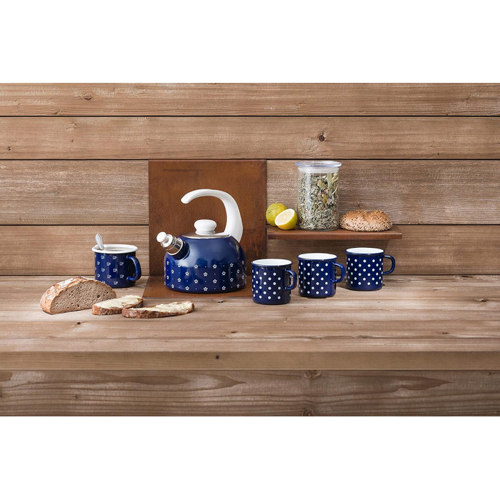 Riess, 0543-073, Whistling Kettle Plus, COUNTRY - DIRNDL, Diameter 18 cm, Height 21.7 cm, Capacity 2 liters, Enamel, Triple-enameled, blue/white, Induction 2 liters Floral Blue