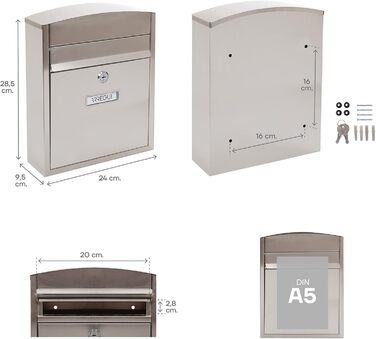 Поштовий ящик ARREGUI Compact E5731 сталевий оцинкований, білий (нержавіюча сталь), розмір S (DIN A5), настінний, водонепроникний, з табличкою для імені, 2 ключі, легкий монтаж
