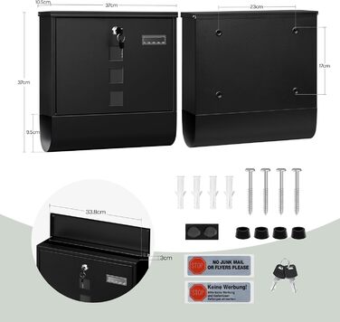Поштовий ящик WOLTU з газетницею та вікном, персоналізований, замиканий, з 2 ключами, сучасний, 37x37x10.5 см, чорний