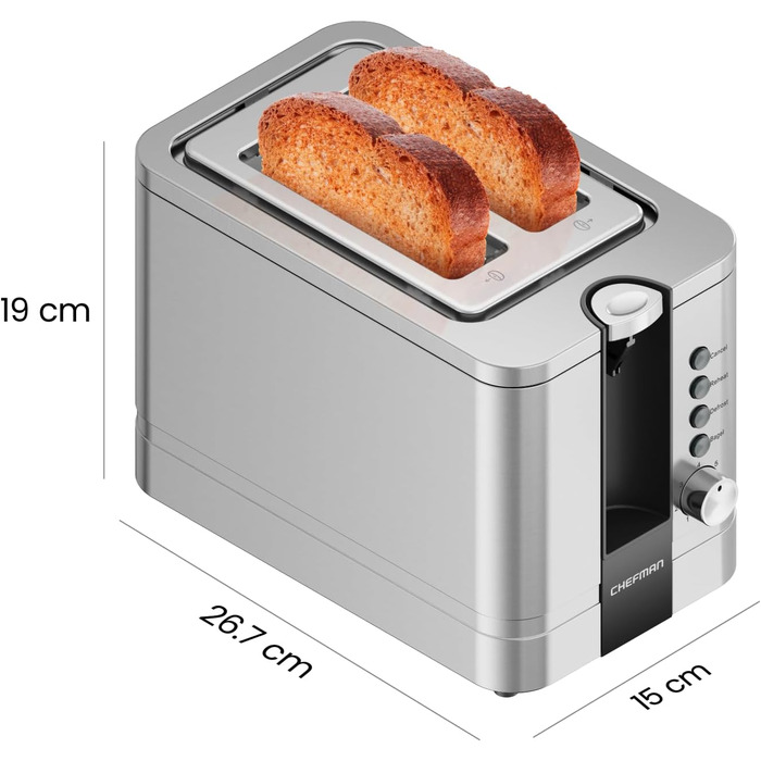 Тостер Chefman з 2-ма відділеннями, 7 ступенів підсмажування, знімний піддон для крихт, для товстого хліба та багелів, функція розморожування та відміни, ідеальний як тостер-гриль (з нержавіючої сталі)
