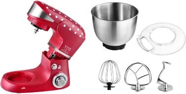 Kalorik TKG M 3014 Design Kitchen Machine with 5 Liter Stainless Steel Bowl, Die-Cast Stirring and Dough Hooks, 6 Speed Settings, Stainless Steel Whisk, Powerful 1000 Watts, Red