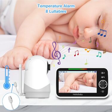 Відеоняня HelloBaby з камерою та аудіо, 5-дюймовий екран, акумулятор 3500 mAh, дистанційне керування, двосторонній зв'язок, ECO-режим, авто-нічне бачення, радіус дії до 292 м, HB6250
