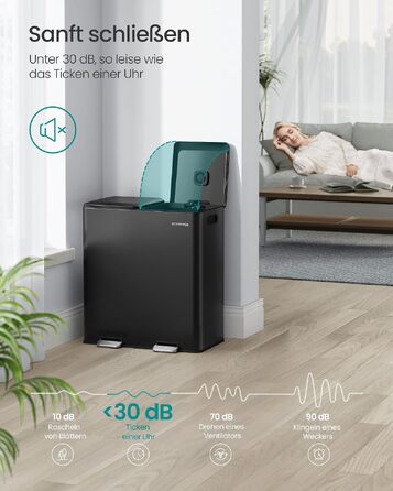 Сміттєвий відер SONGMICS POPNEX для кухні, 2 відсіки по 30 л, система сортування сміття з педаллю та Softclose, нержавіюча сталь, чорний (LTB743E01)